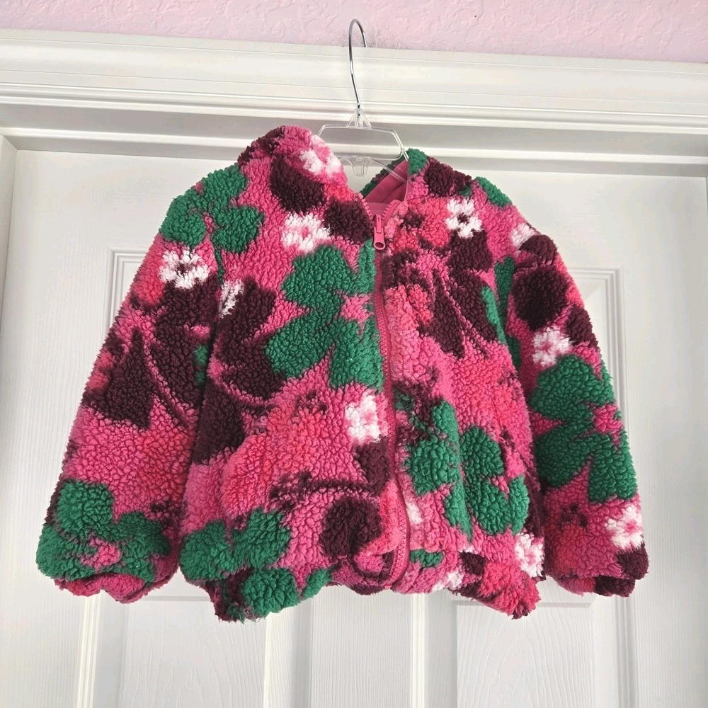 Tucker + Tate Girls Faux Shearling Floral Reversible Jacket Size 4 Pink Hood